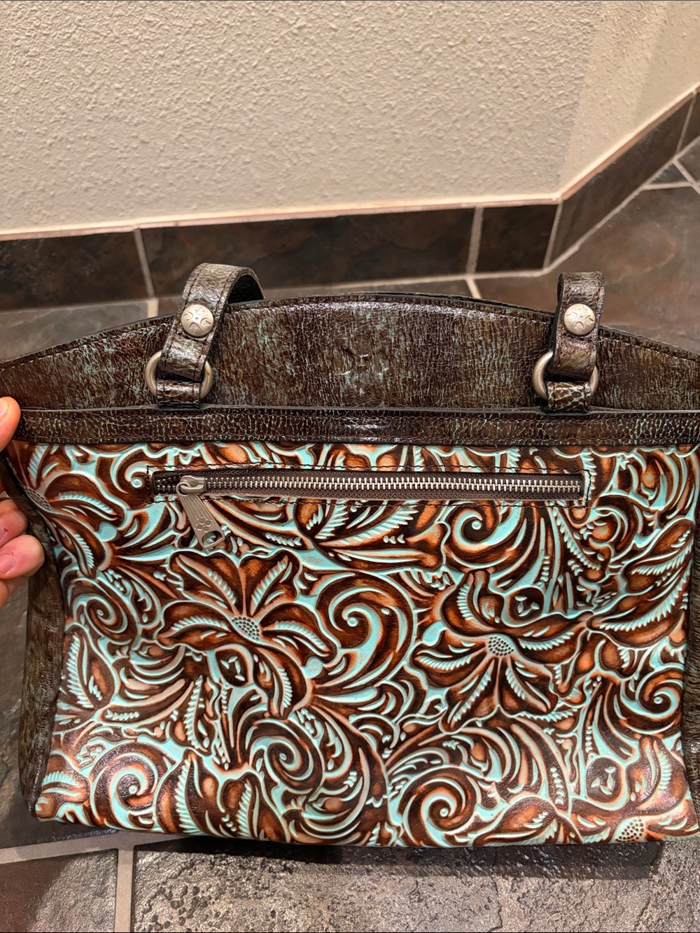 Tooled Floral Shoulder Bag in Turquoise and Brown